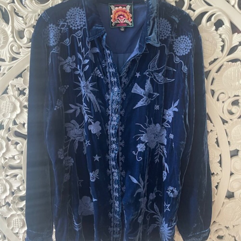 Johnny Was Blue Velvet Button-Up Shirt